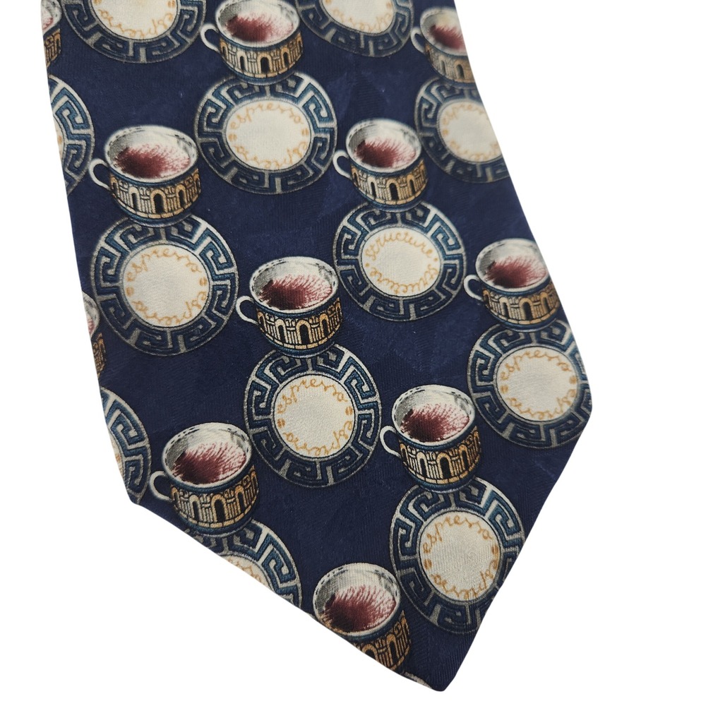 Structure Coffee Cup Silk Necktie Navy Blue Espresso Cup Vintage Novelty Tie USA